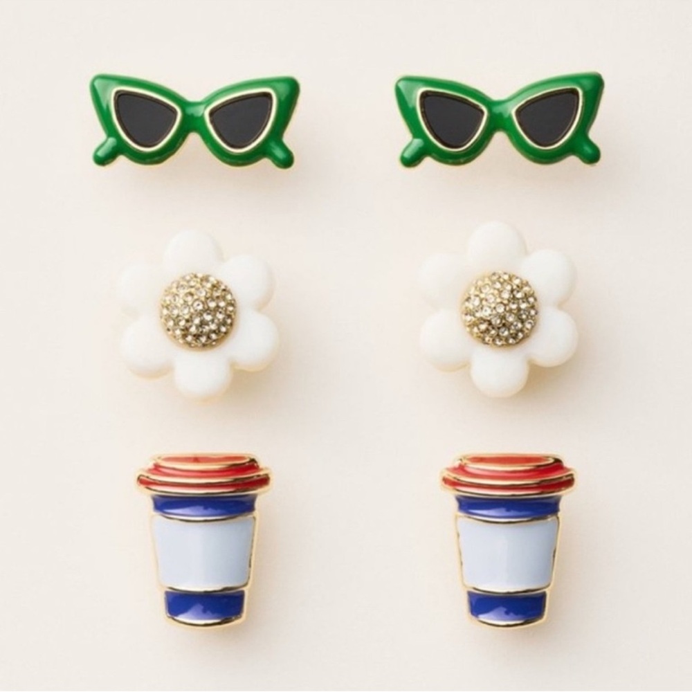 Kate Spade x Target Stud Earrings Set Sunglasses Flowers Coffee Cups 3 Pairs NWT